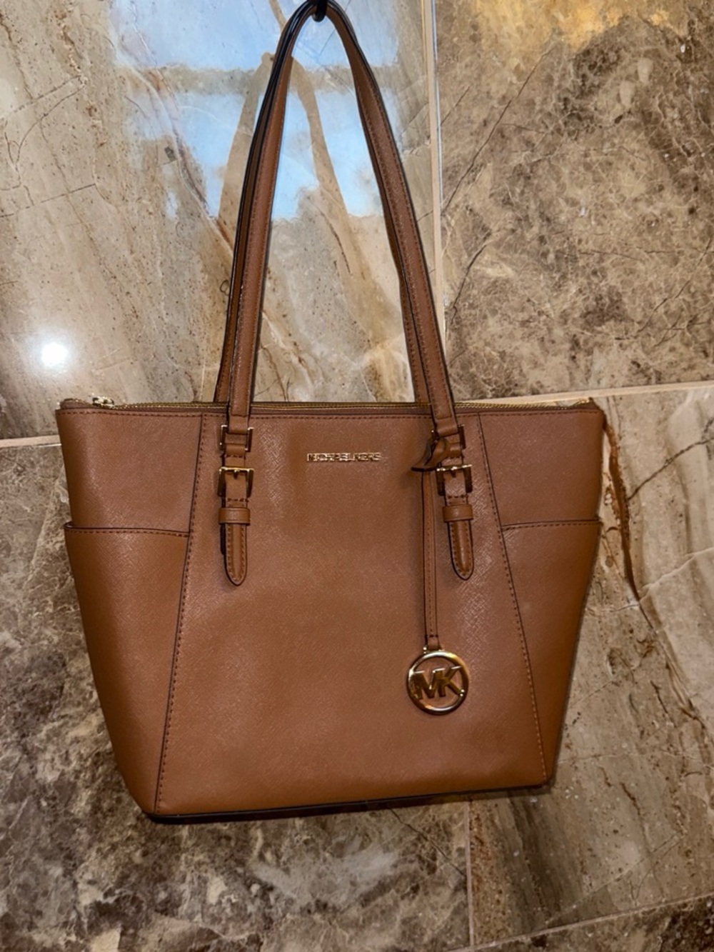 Michael Kors Cognac Saffiano Leather Tote with Gold MK Charm
